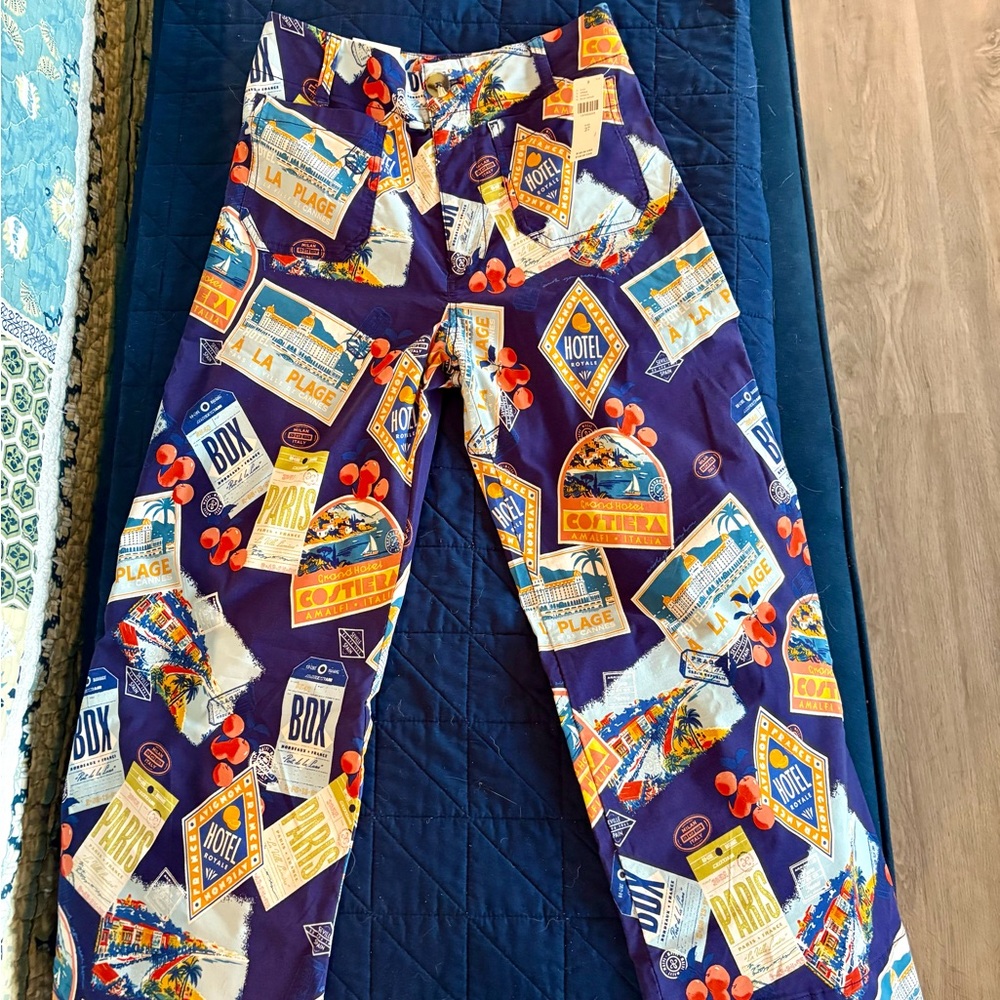 Travel Poster Print Wide Leg Pants - Navy Multi
